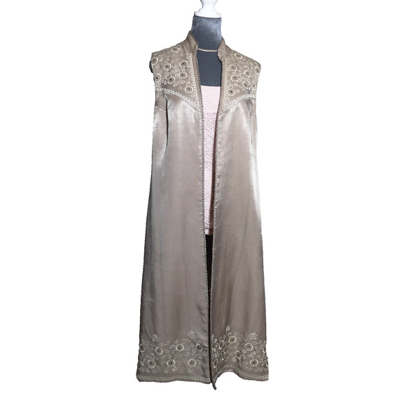 Vintage Silk Duster Coat Open Front Embrioded Gold Altered Standing Neck OS EUC - Picture 1 of 16